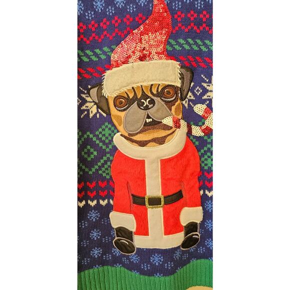 Ugly‎ Christmas Holiday Sweater Pug Dog Smoking a Candycane Mens Large - Picture 2 of 3